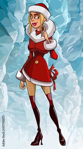 cartoon woman in snow maiden costume on ice background