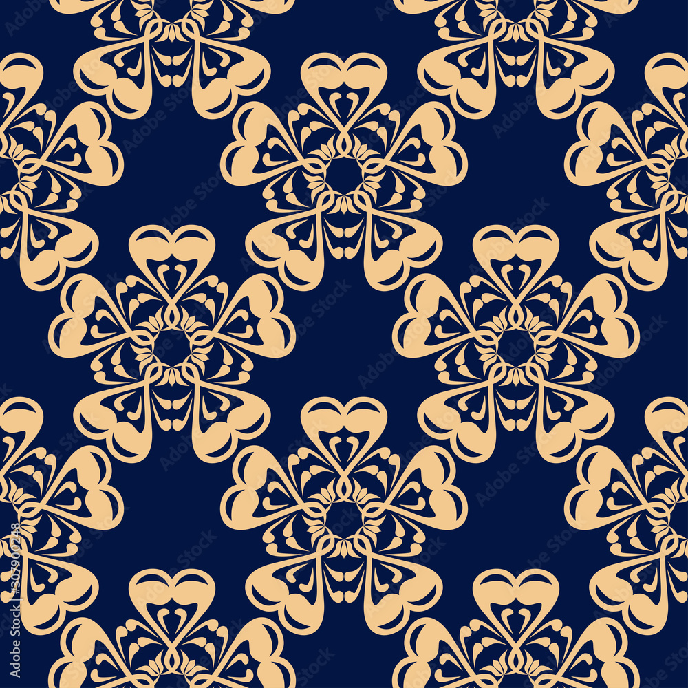 Floral seamless pattern. Golden flowers on dark blue background