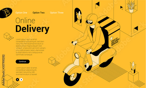 Delivery service, online order, express delivery, isometric concept for web page, banner, presentation, social networks, postcards, posters. Vector illustration of a delivery courier riding a scooter.