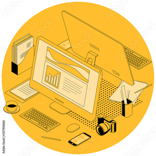 Flat design isometric office and coworking workplace. Vector concept for poster, banner, icon, presentation and mobile app.