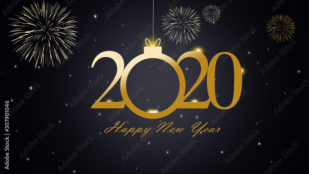 Happy new year 2020, gold text and star on black background.