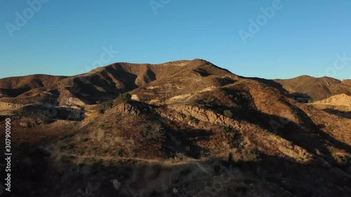 Spectacular aerial video of Malibu Creek State Park, California, at sunset, drone 4k footage.