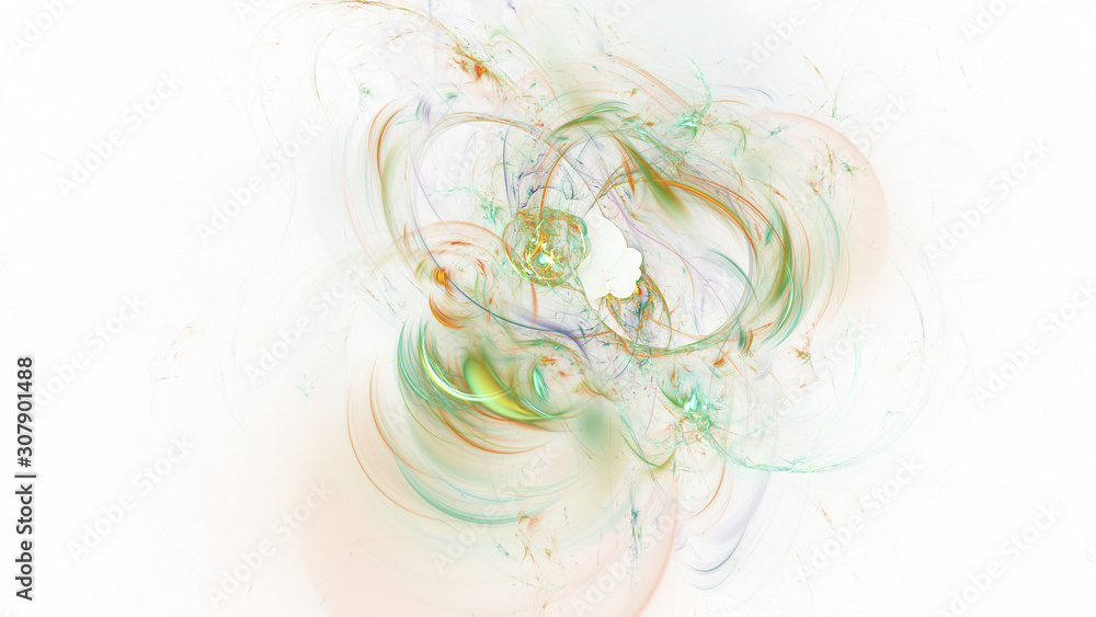 Abstract green and golden glowing shapes. Fantasy light background. Digital fractal art. 3d rendering.