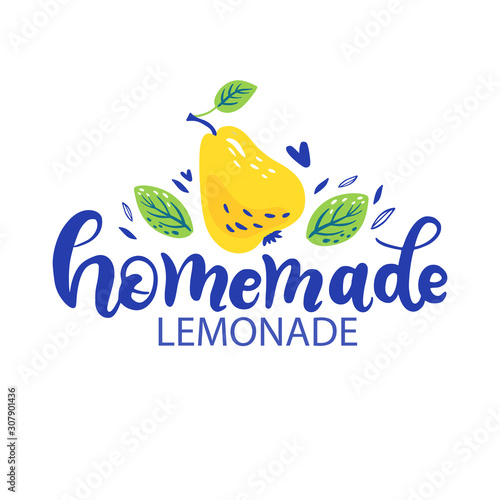 PrintHand drawn lettering inscriptions about Homemade Lemonade with pear and leaves. Hand drawn text sticker kit on healthy cooling drinks, posters. Organic lemonade photo