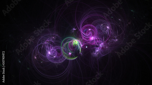 Abstract violet and green glowing shapes. Fantasy light background. Digital fractal art. 3d rendering.