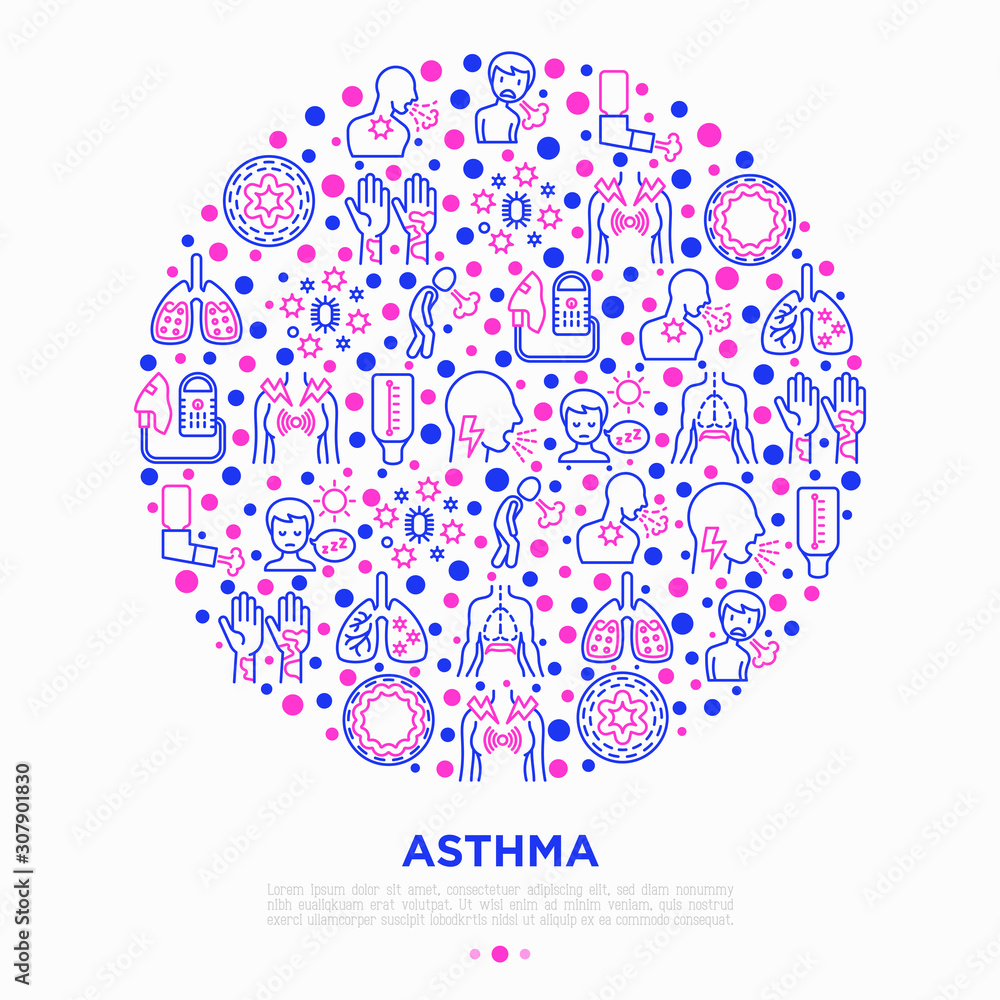 Asthma concept in circle with thin line icons allergen, dyspnea, cough