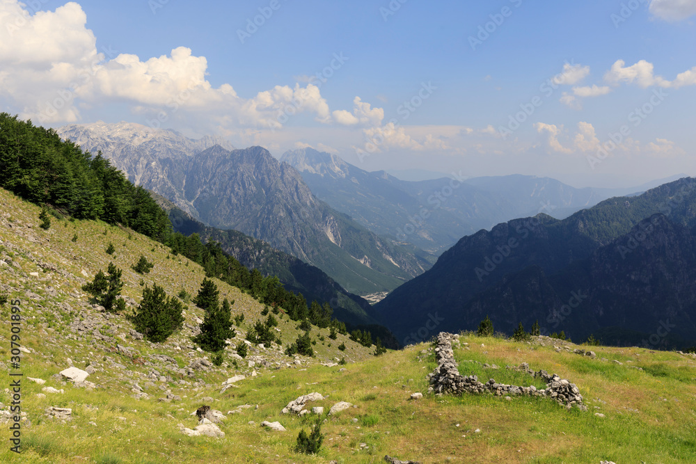 View into the fertile valley of Theth in Albania