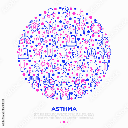 Asthma concept in circle with thin line icons: allergen, dyspnea, cough, wheezing, chest pain, diaphragm, asthma attack, hives, sputum, peak flow meter, inhaler, nebulizer. Modern vector illustration.