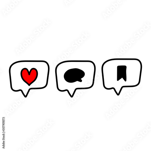Like, Saved , comment icons. Vector doodle illustration.