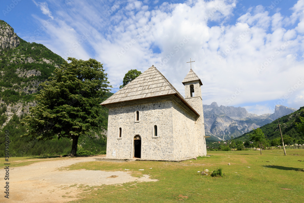 Famous old church in Theth in the dinaric alps of albania