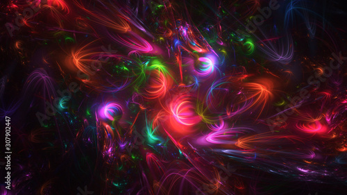 Abstract blue and red glowing shapes. Fantasy light background. Digital fractal art. 3d rendering.