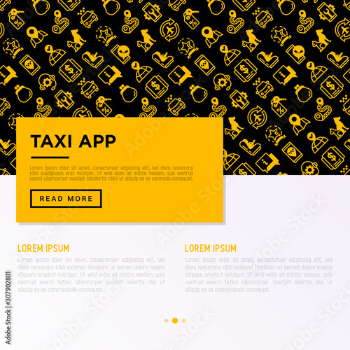 Taxi app concept with thin line icons: payment method, promocode, app settings, info, support service, phone number, route, destination, airport transfer, baby seat. Vector illustration.