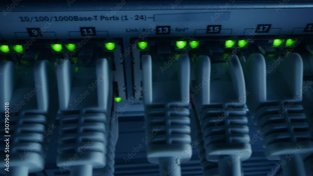 Macro Shot: Ethernet Data Cables Connected to Router Ports with Flashing Lights. Telecommunications: RJ45 Internet Connectors Plugged into Modem LAN Switches. Secure Data Center System Working Macro Shot: Ethernet Data Cables Connected to Router Ports with Flashing Lights. Telecommunications: RJ45 Internet Connectors Plugged into Modem LAN Switches. Secure Data Center System Working