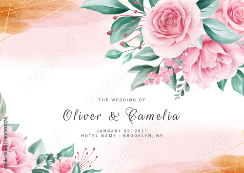 Watercolor floral background for wedding invitation card template with flowers and gold decoration. Save the date, invitation, greeting card vector