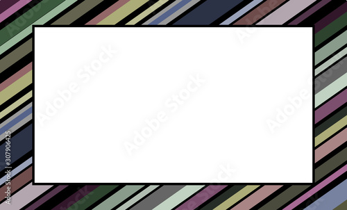 multi-colored strips of different sizes are arranged from top to bottom from left to right. in the middle is a white rectangle. striped background. place for text