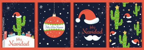 Spanish christmas cards set Text Feliz Navidad Ano Nuevo Christmas cactus santa hat Vector elements