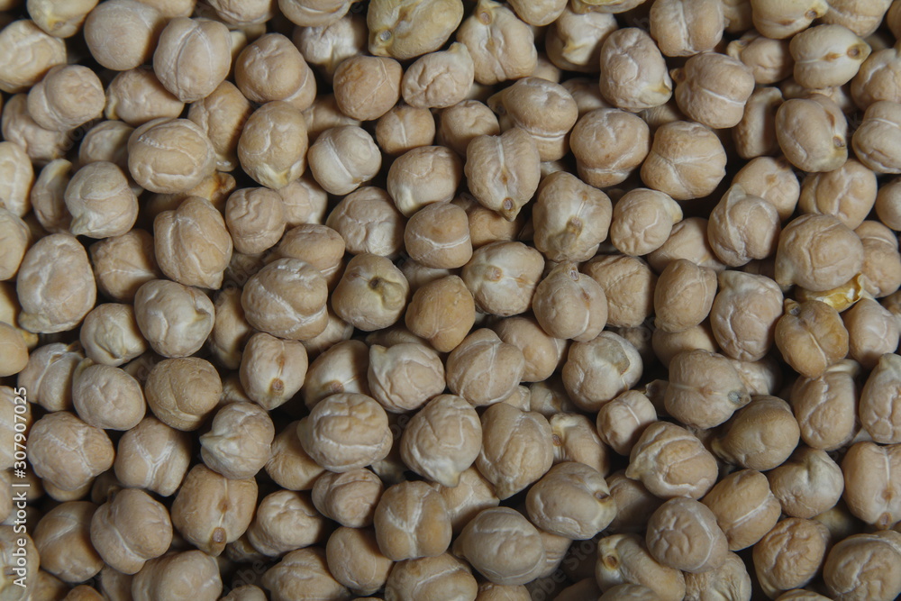 Background of chick-peas close up. Flat lay.