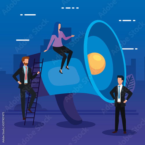 Megaphone and people design, Amplifer speaker bullhorn announce speech message communication and sound theme Vector illustration