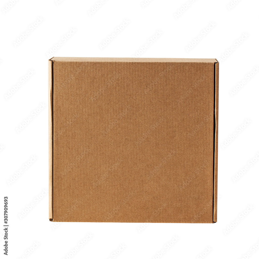 Kraft cardboard square closed box top view. The box is carved on a white background. Kraft cardboard square closed box top view. The box is carved on a white background.