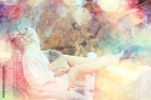 portrait of a fashionable young girl, romantic vintage blur background, bokeh, texture mapping for text