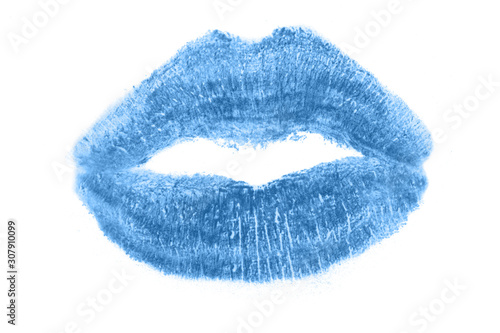 Her lips from the kiss. lipstick kiss mark isolated on white background.