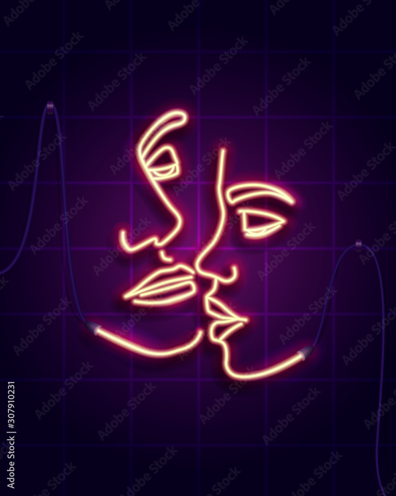 Neon sign. Bright signboard with kissing couple. Glowing light banner for Valentine's Day. Neon sign. Bright signboard with kissing couple. Glowing light banner for Valentine's Day.