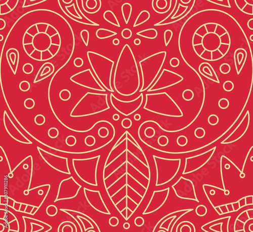 Indian seamless pattern with paisley and lotus ornament on red background