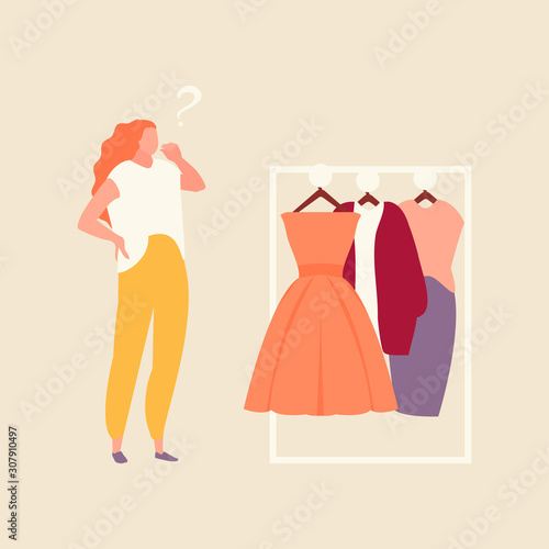 Young thinking girl chooses clothes. Vector flat illustration