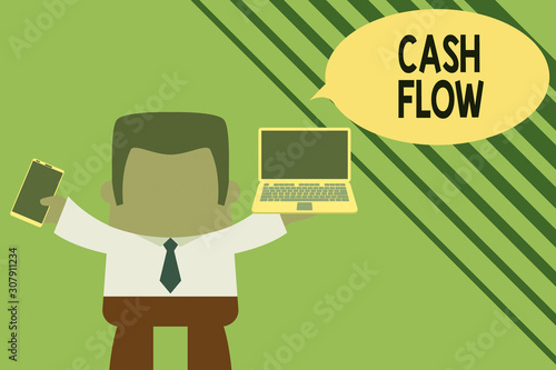 Conceptual hand writing showing Cash Flow. Concept meaning Movement of the money in and out affecting the liquidity Professional man holding laptop in left mobile phone right photo