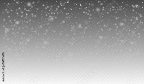Vector snowfall, seamless realistic falling snow, snowflakes in different shapes and forms. Snow flakes, snow background. Christmas, winter wether. Nappy new year. Vector design for banner, post