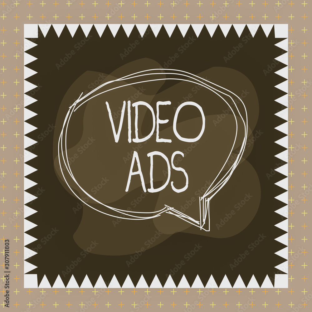 Obraz premium Word writing text Video Ads. Business photo showcasing Engage audience in the form of video content advertising Speaking bubble inside asymmetrical shaped object outline multicolor design
