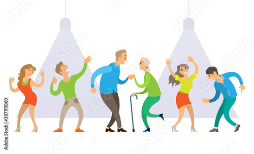 Partying people vector, senior old couple with wooden stick dancing, young male and female on performance, man and woman on stage with spotlights