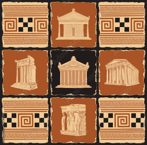 Vector banner on the theme of Ancient Greece in the form of a set of stone tiles, clay or ceramic tiles. Illustrations with Greek ornaments and famous architectural attractions in retro style.