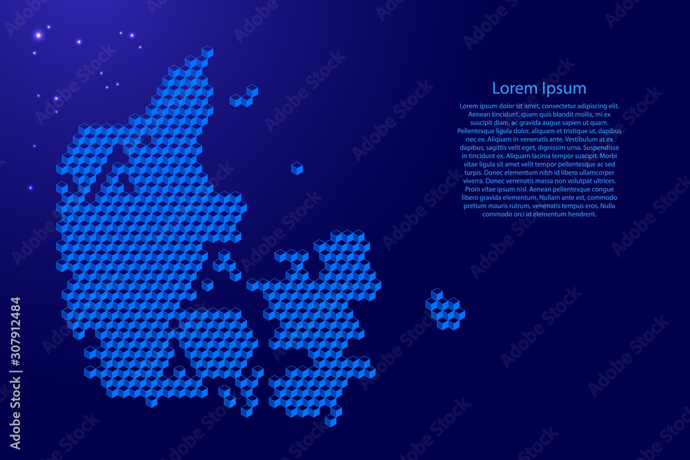 Denmark map from 3D blue cubes isometric abstract concept, square pattern, angular geometric shape, glowing stars. Vector illustration.