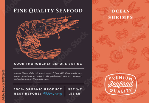 Premium Quality Seafood Abstract Vector Shrimp Packaging Design or Label. Modern Typography and Hand Drawn Sketch Seamless Pattern Background Layout of Prawns, Scallops, Squids and Crabs