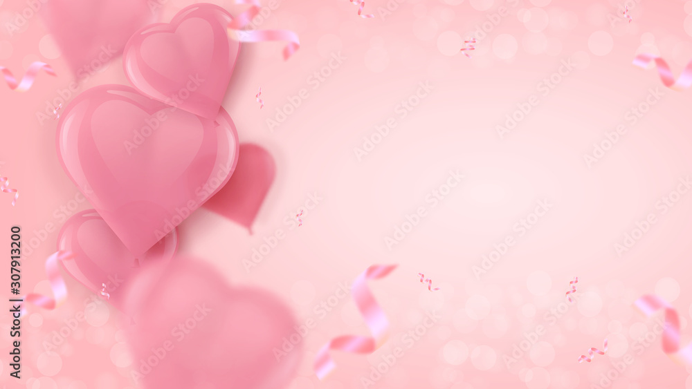 Pink Air Heart Shaped Balloons. Vector holiday illustration of flying balloons and confetti particles on rosy background