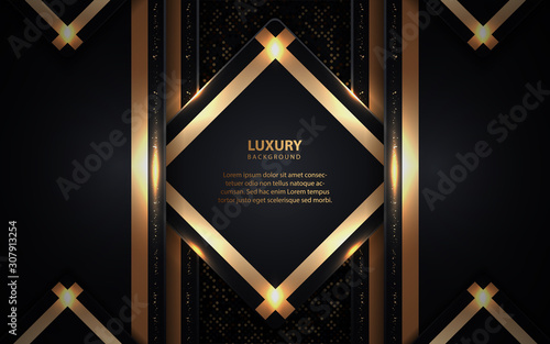 Abstract black paper overlapping layers background a combination with golden texture line decoration. Dark luxury and premium concept vector design template for element modern cover, banner, card