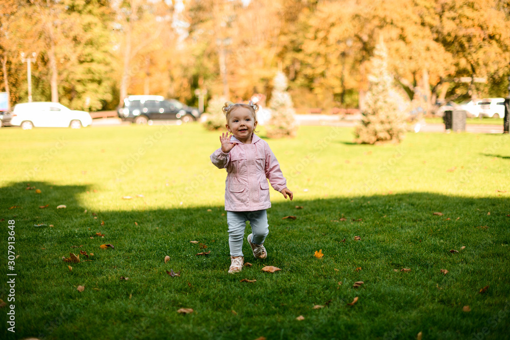 Smiling little girl standing in the autumn park in the warm weather Smiling little girl standing in the autumn park in the warm weather