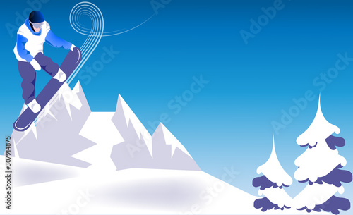  Snowboarder hovering in the air. Against the backdrop of snowy mountains and snowy Christmas trees. Monochrome blue landscape. Copy space for text. Advertising banner for sports. Vector illustration
