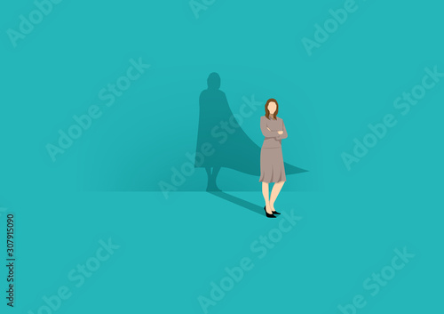 Business woman superhero vector concept. Business Woman with superhero shadow. Symbol of confidence, leadership, power, feminism and emancipation. - Vector