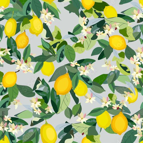 Seamless pattern with leaves, inflorescences and fruits lemon on a light grey background. Vector illustration green-blue colors with plants.