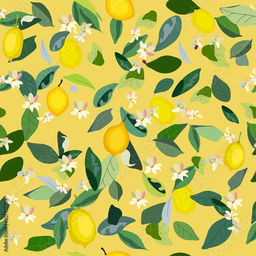 Seamless pattern with leaves, inflorescences and fruits lemon on a yellow background. Vector illustration green-yellow colors with plants.