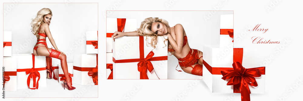 Beautiful Young Lady Standing in Red Lingerie Near Stock Image
