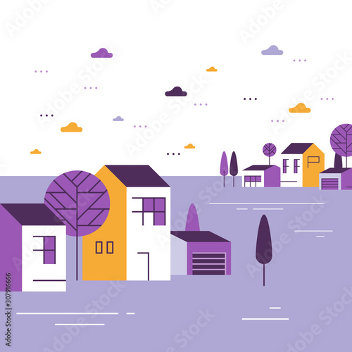 Small town, tiny village view, group of residential houses, beautiful neighborhood