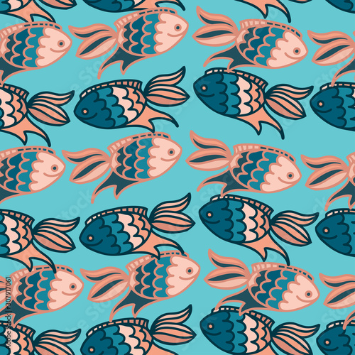 Seamless vector pattern with colorful stylized fish. The design is perfect for wallpaper, backgrounds, wrapping paper, sheets, clothes, stationery and decorations. 
