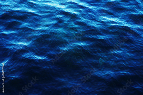 Classic blue color 2020. Texture of sea surface, painted ocean water waves. Classic blue background, blue toning 19 4052. Abstract trendy background mock up with copy space for text.