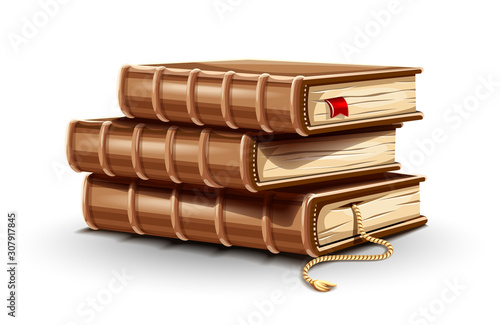 Stack pile of paper books with old leather covers and bookmark between pages. Library reading. Dictionary education training in school and university, Isolated white background. Vector illustration.