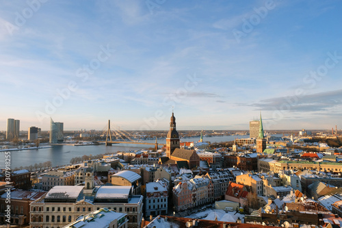 Panorama view from Riga cathedral on old town Riga, Latvia in winter day