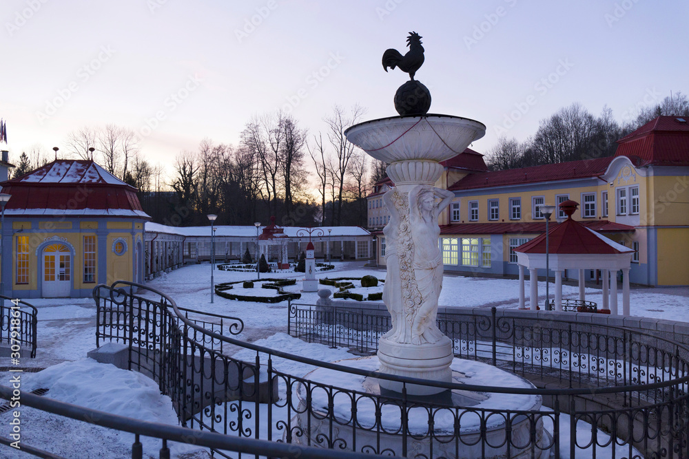 Fototapeta premium Snowy evening Spa Libverda in north Bohemia, Czech Republic