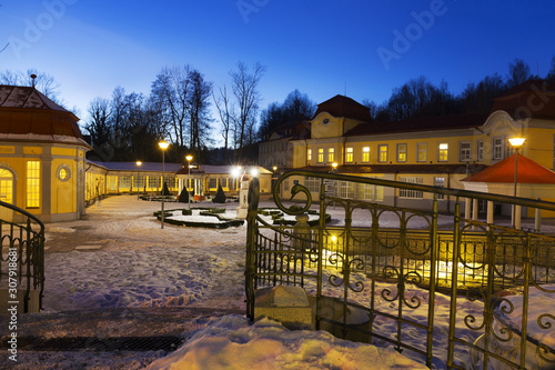 Snowy night Spa Libverda in north Bohemia, Czech Republic